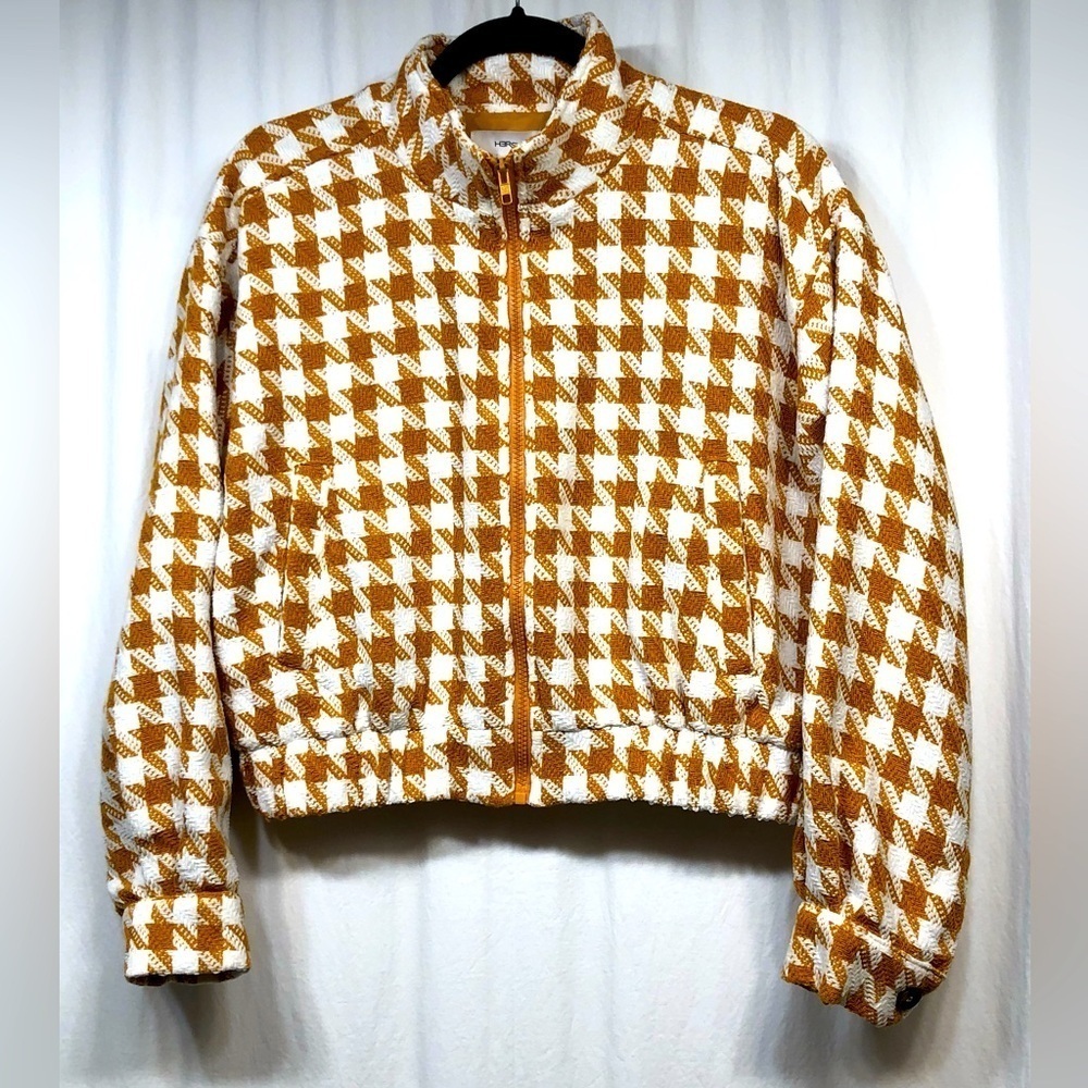 HERSY Bomber Jacket Small Houndstooth Gold White Full Zip Preppy Rare Streetwear